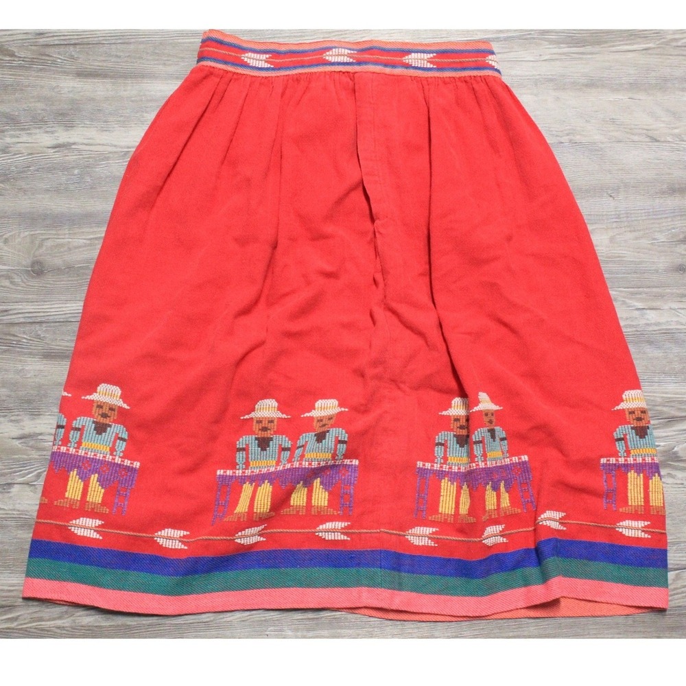 Vintage Handmade Midi Skirt XS Faded Red Embroidered Guatemalan Folk Art Cotton